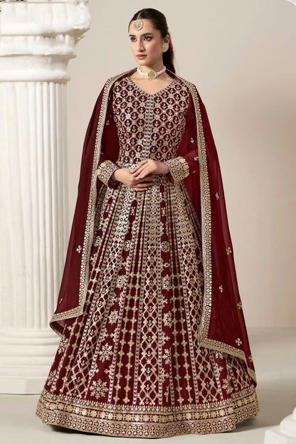 Maroon Colour Faux Georgette Semi Stitched Anarkali Suit SM1050628