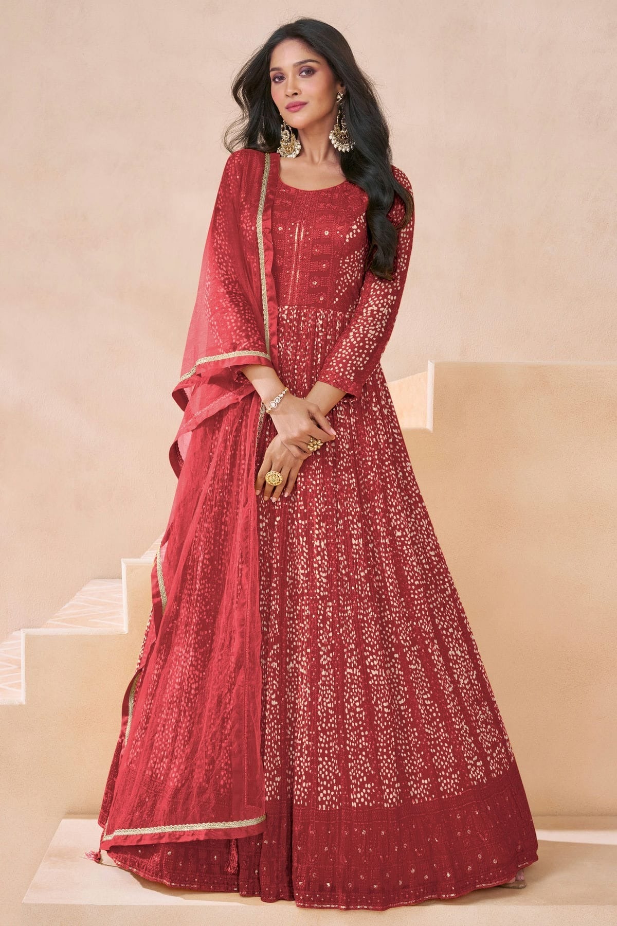 Maroon Colour Faux Georgette Semi Stitched Anarkali Suit SM1140473