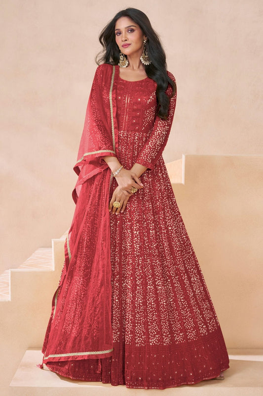 Maroon Colour Faux Georgette Semi Stitched Anarkali Suit SM1140473