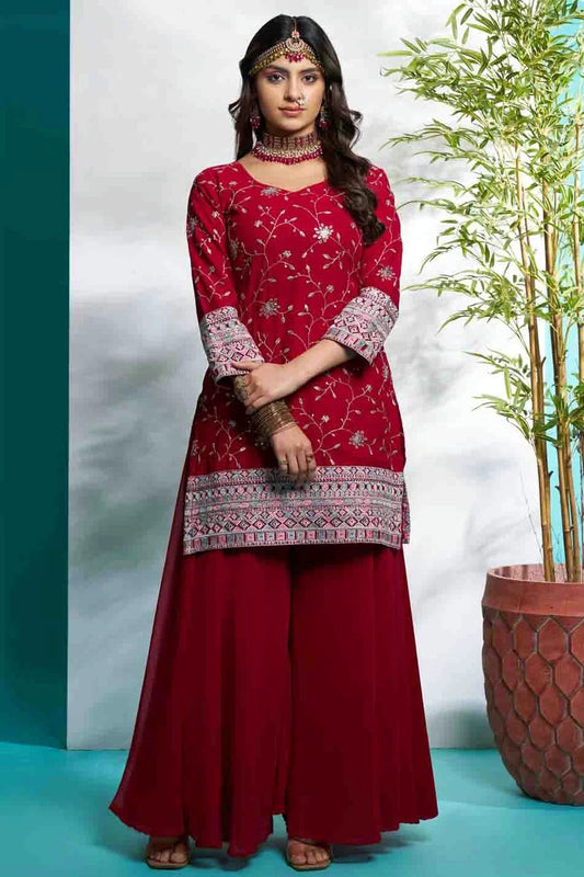 Maroon Colour Faux Georgette Stitched Suit SS1112895