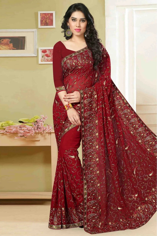 Maroon Colour Georgette Embroidery Saree SD1120003