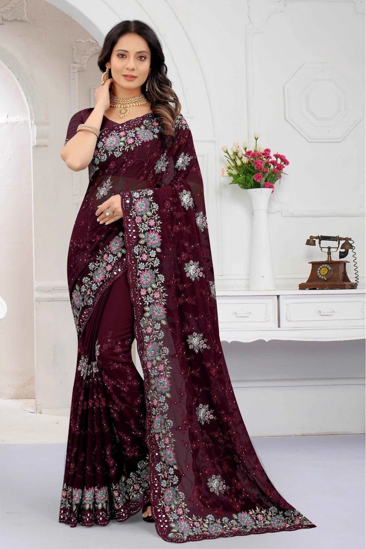 Maroon Colour Georgette Embroidery Saree SD1120322
