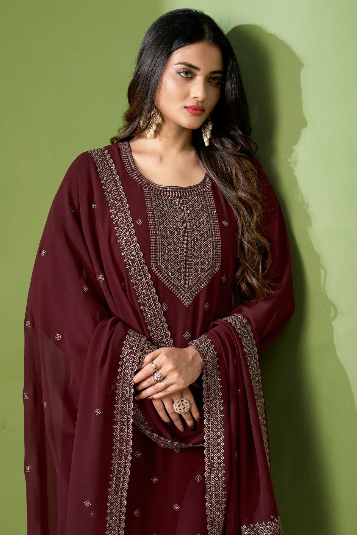 Maroon Colour Georgette Pant Style Suit SM1110646 A