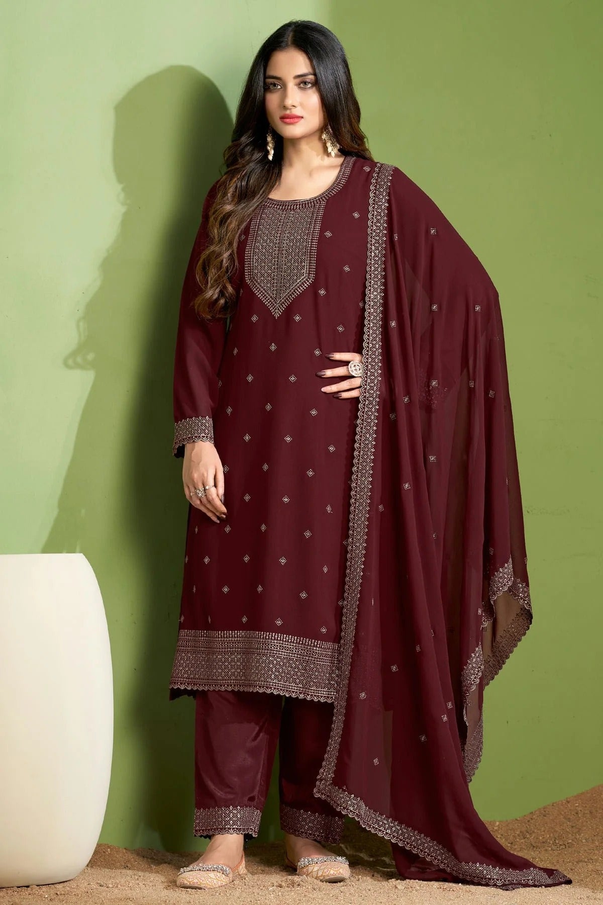 Maroon Colour Georgette Pant Style Suit SM1110646