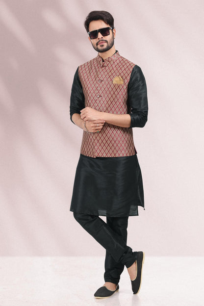 Maroon Colour Jacquard Banarasi Silk Woven Work Kurta Pajama With Jacket