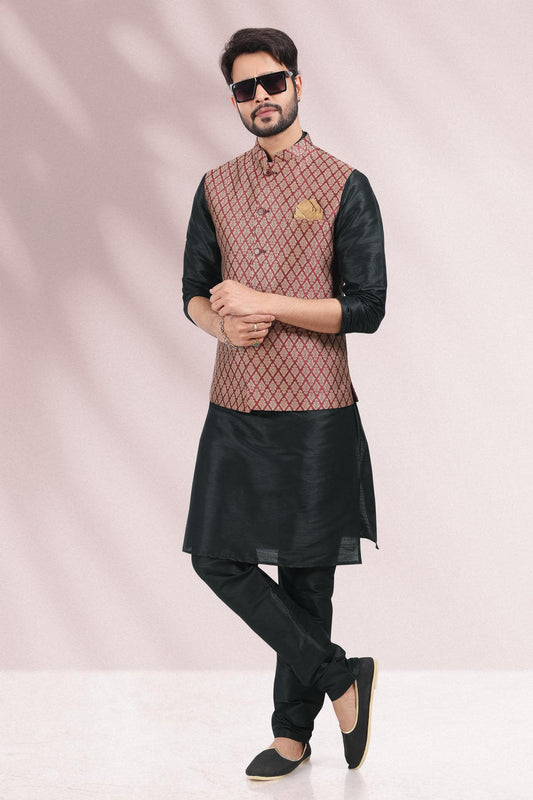 Maroon Colour Jacquard Banarasi Silk Woven Work Kurta Pajama With Jacket