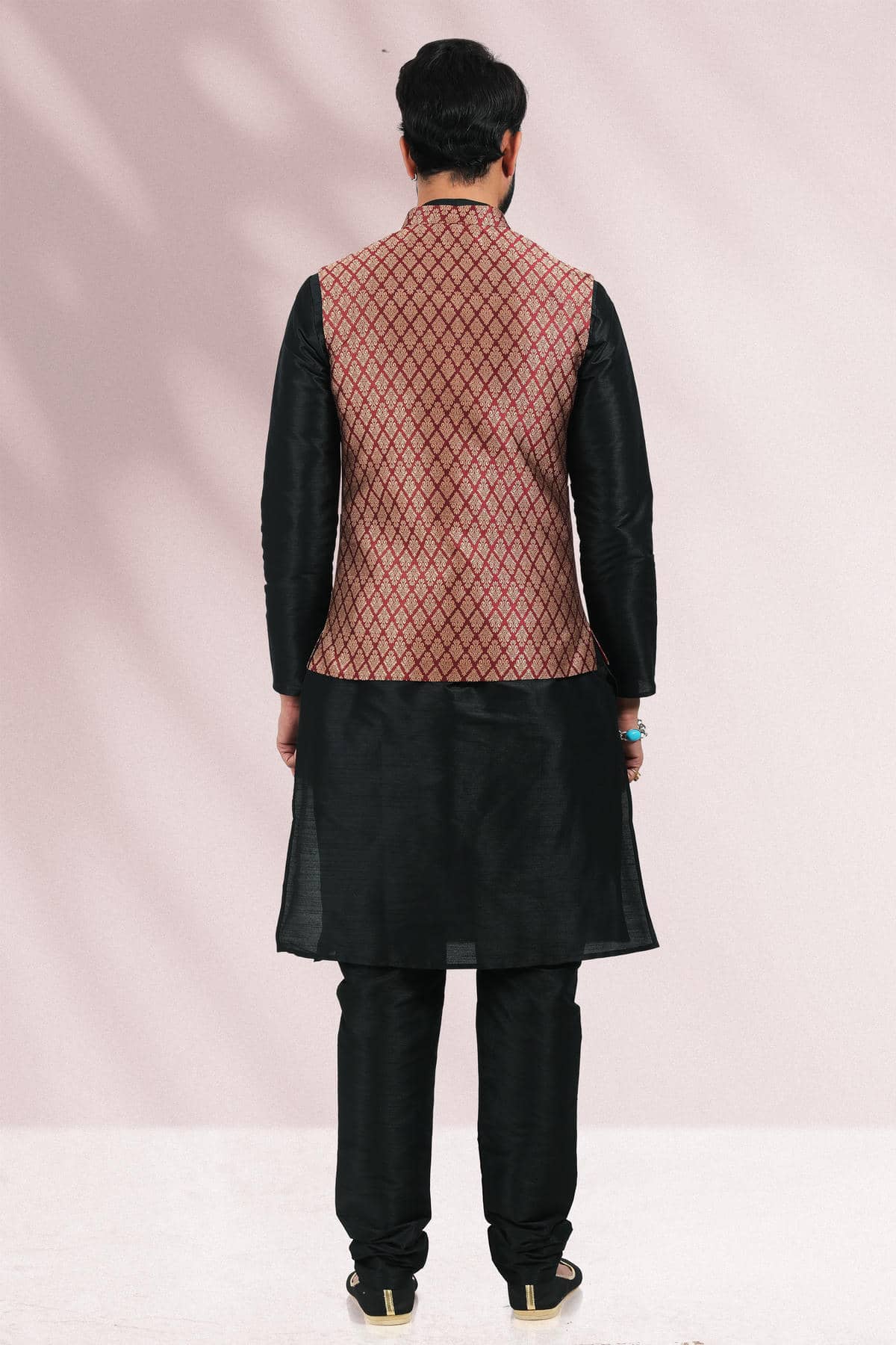 Maroon Colour Jacquard Banarasi Silk Woven Work Kurta Pajama With Jacket