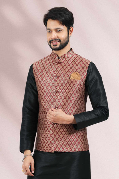 Maroon Colour Jacquard Banarasi Silk Woven Work Kurta Pajama With Jacket