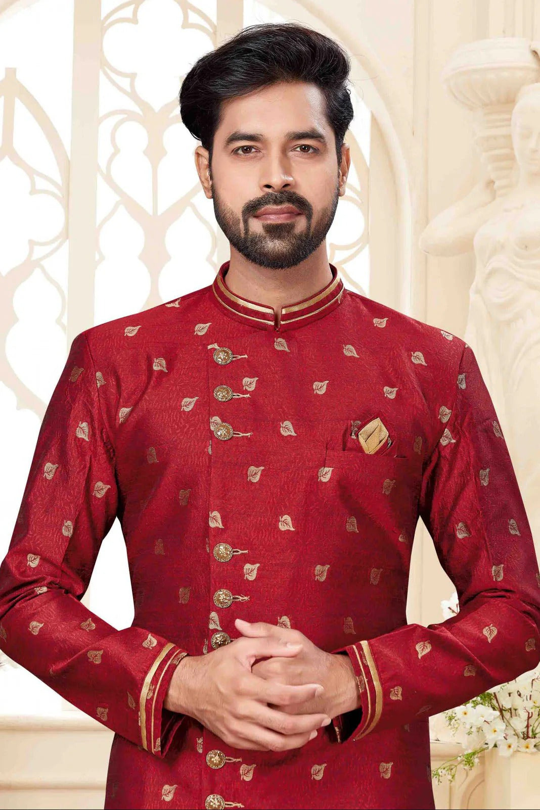 Maroon Colour Jacquard Dhoti Sherwani SH1040248 A