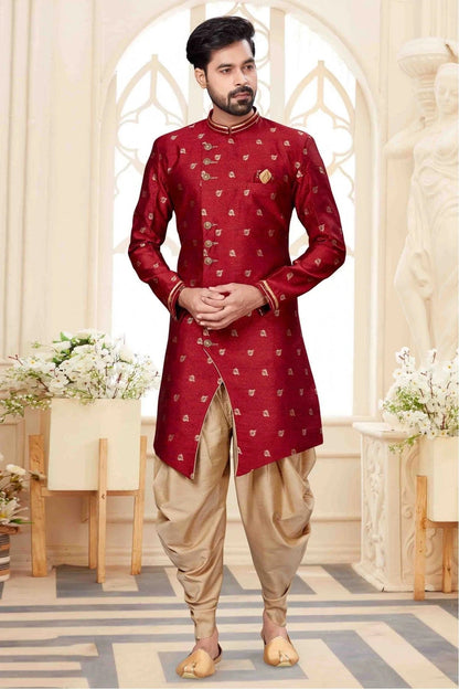Maroon Colour Jacquard Dhoti Sherwani SH1040248