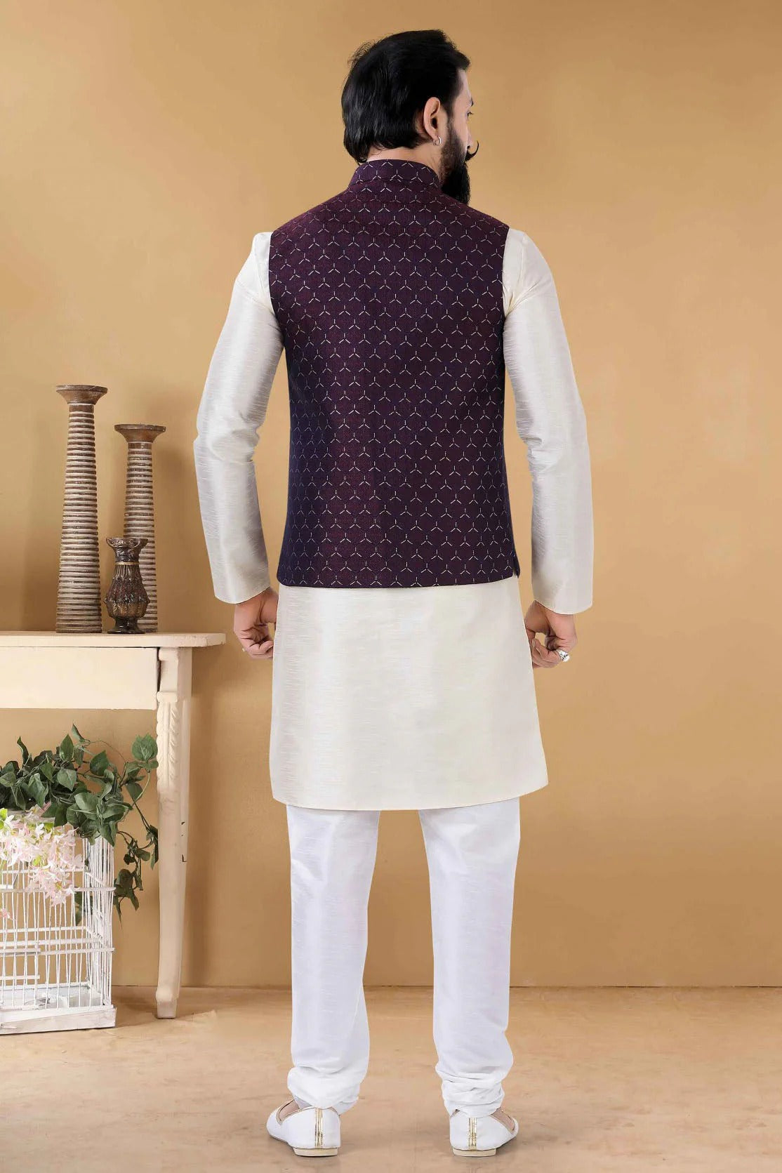 Maroon Colour Jacquard Kurta Pajama With Jacket KP1130088 A