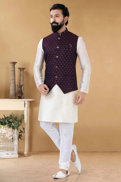 Maroon Colour Jacquard Kurta Pajama With Jacket KP1130088