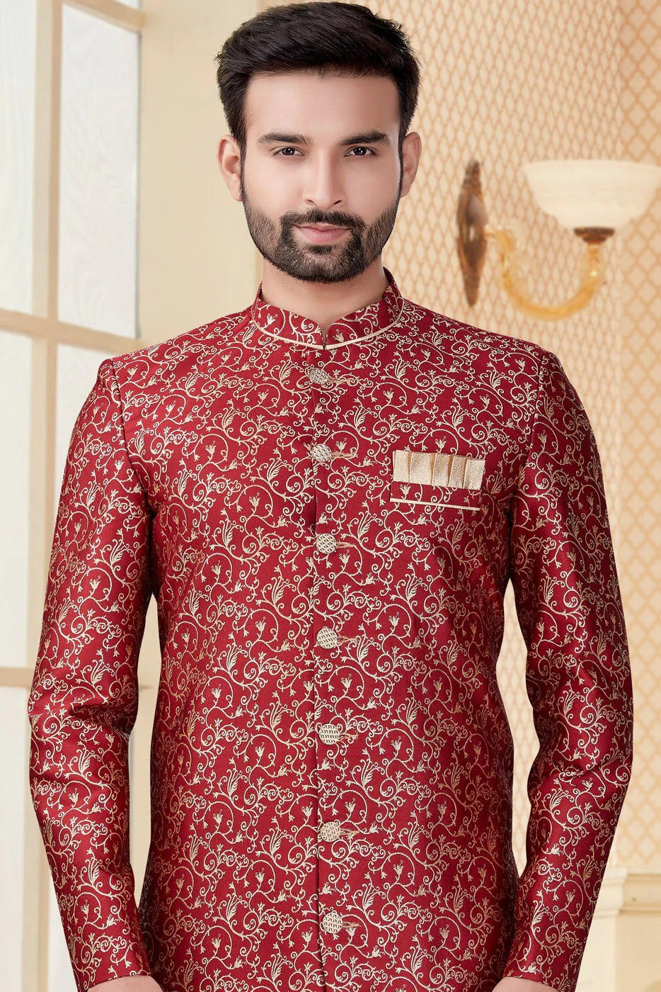 Maroon Colour Jacquard Sherwani SH1040256 A