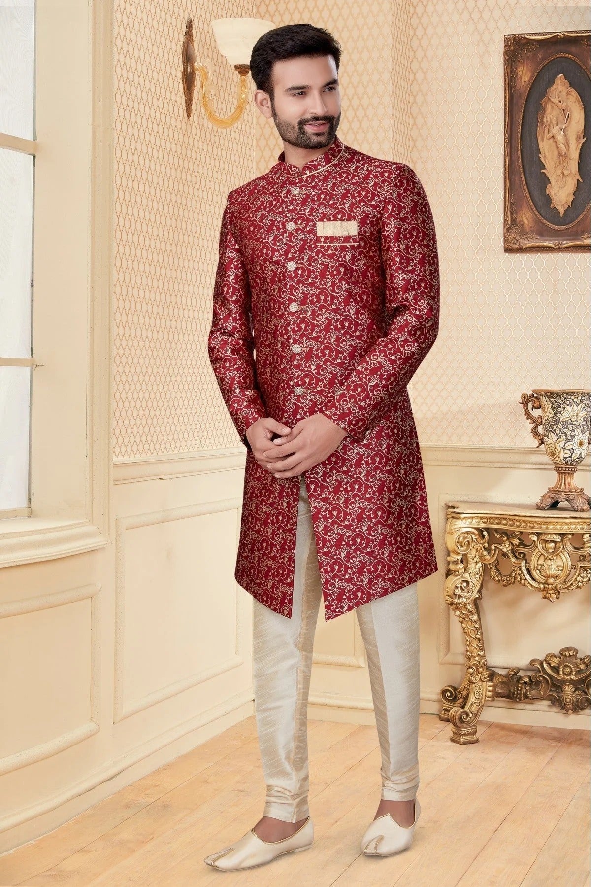 Maroon Colour Jacquard Sherwani SH1040256