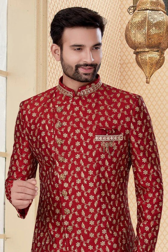 Maroon Colour Jacquard Sherwani SH1040275 A