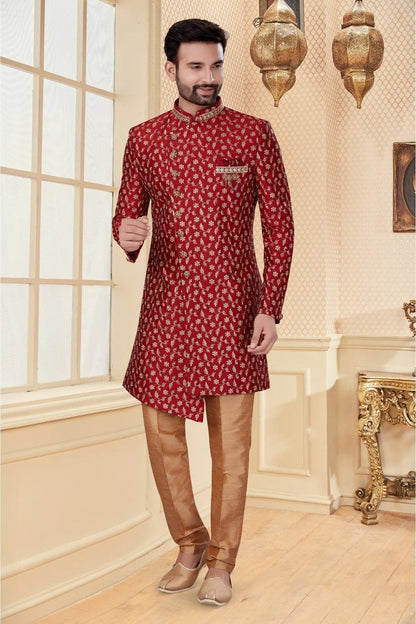 Maroon Colour Jacquard Sherwani SH1040275