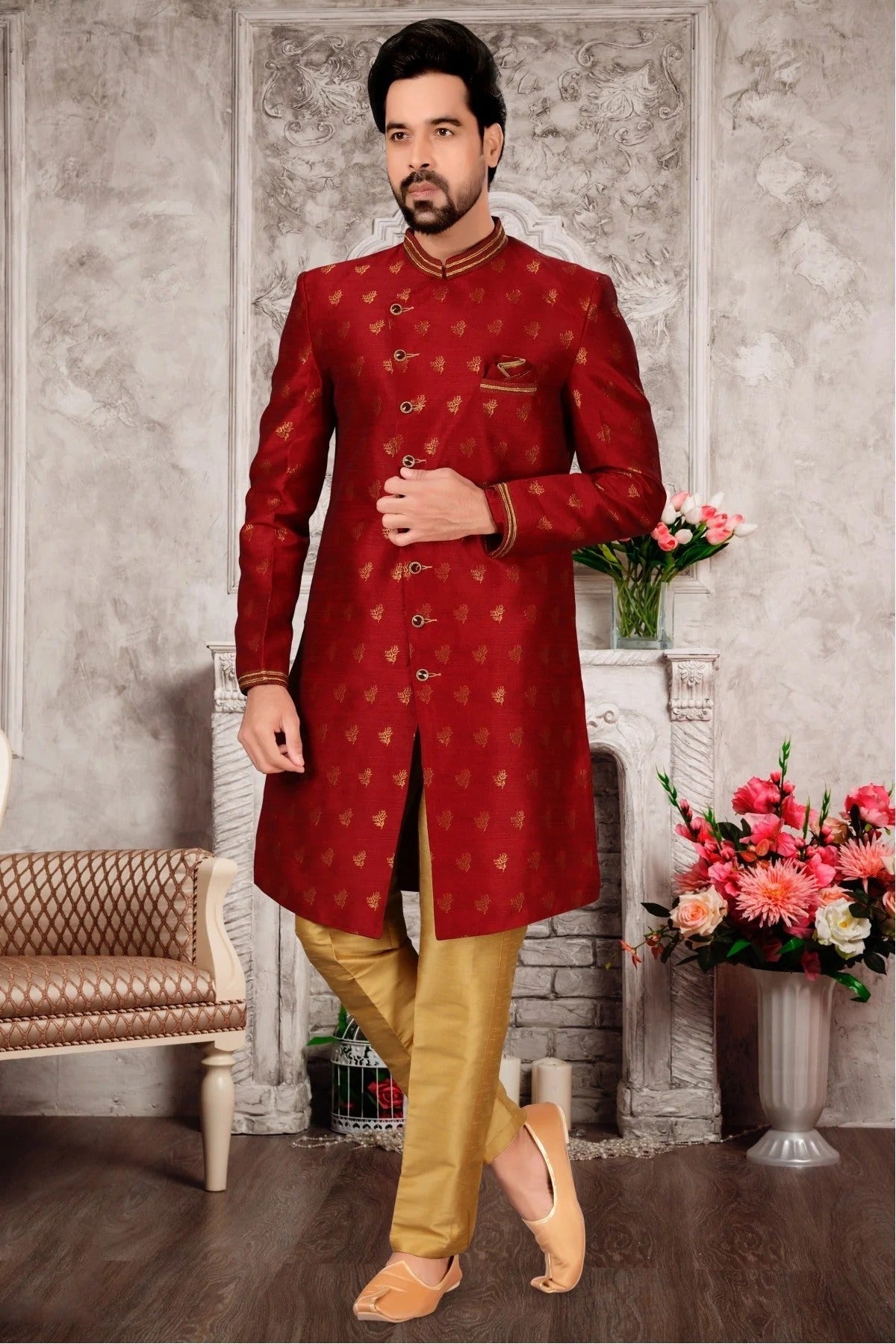 Maroon Colour Jacquard Sherwani SH1040280