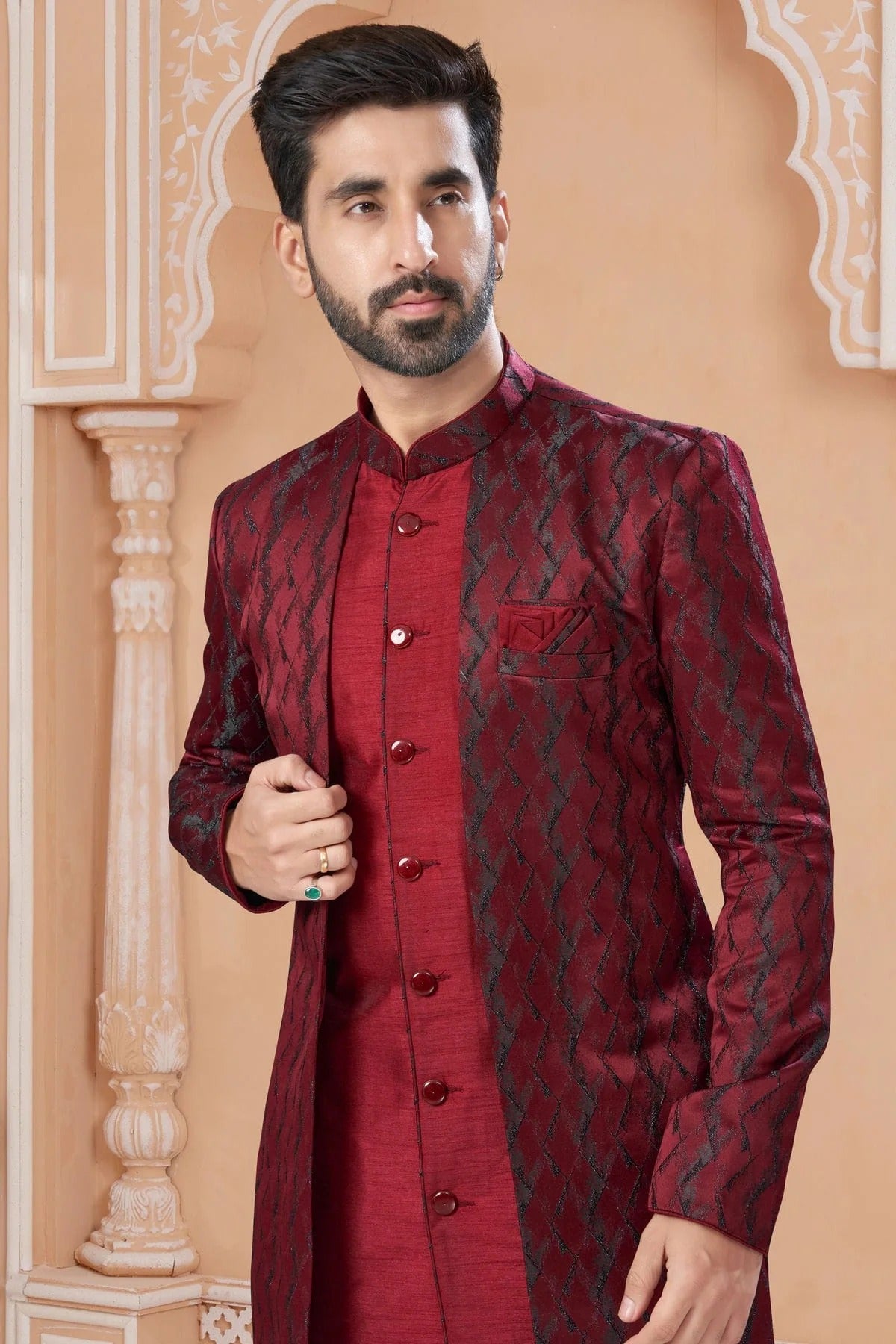 Maroon Colour Jacquard Sherwani SH1040555 A