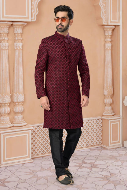 Maroon Colour Jacquard Sherwani SH1040574