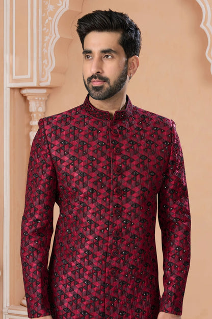 Maroon Colour Jacquard Sherwani SH1040578 A