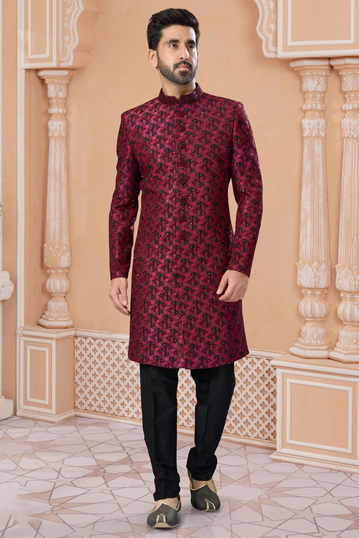 Maroon Colour Jacquard Sherwani SH1040578