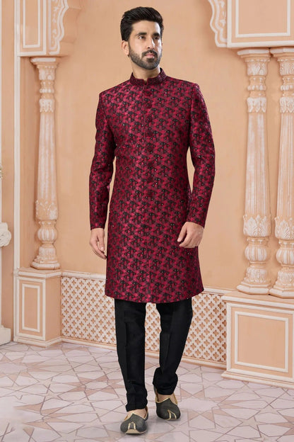 Maroon Colour Jacquard Sherwani SH1040578