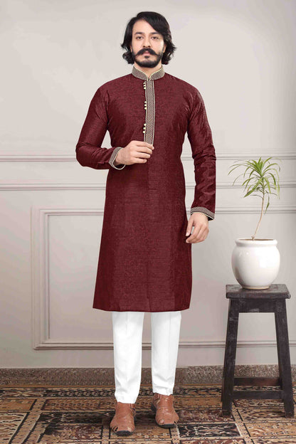 Maroon Colour Kurta Pajama In Jacquard Silk KP1210020