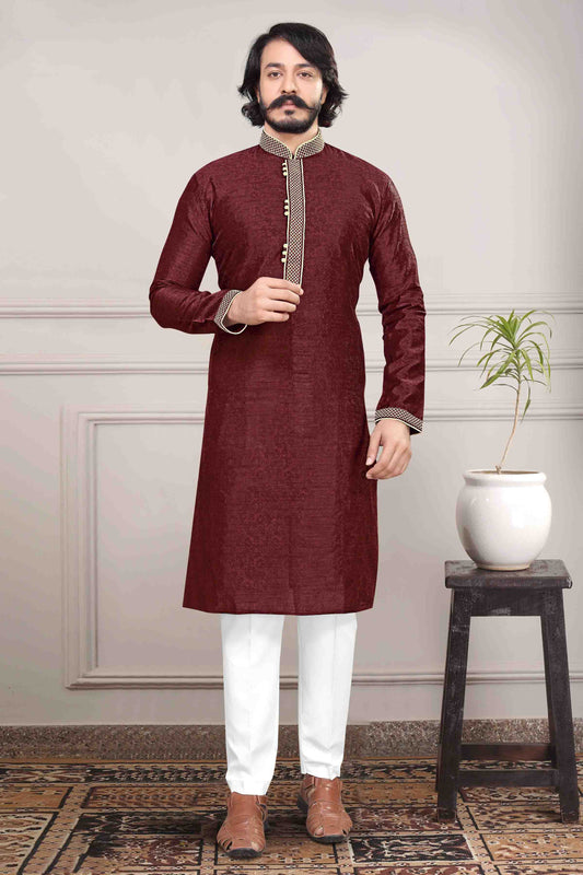 Maroon Colour Kurta Pajama In Jacquard Silk KP1210020