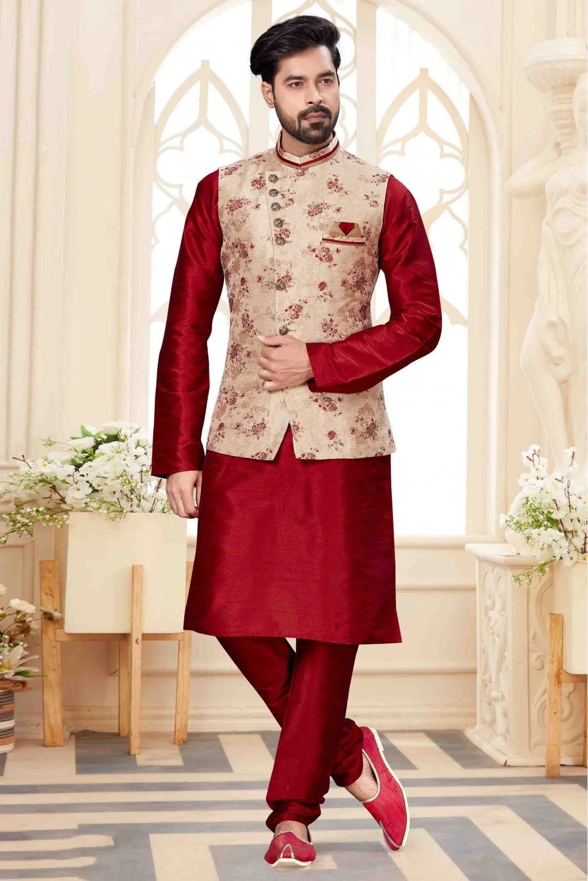 Maroon Colour Kurta Pajama With Jacket In Silk Dupion Fabric KP1040170