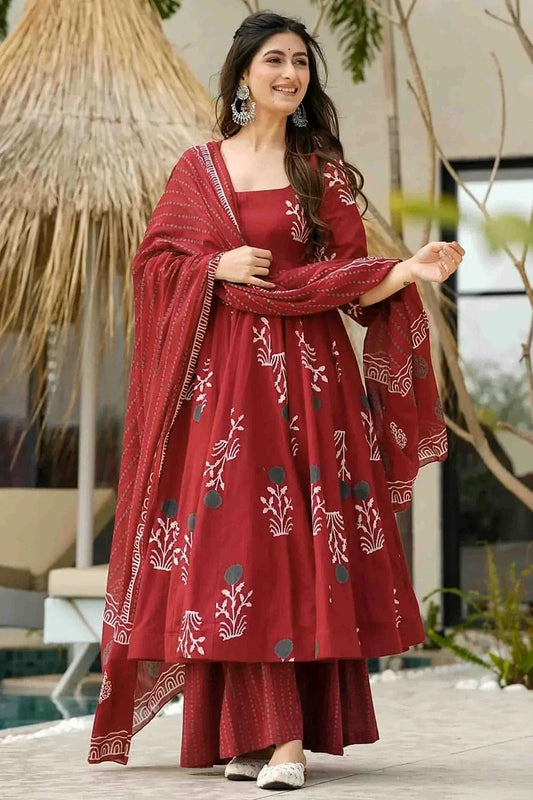 Maroon Colour Mal Cotton Stitched Anarkali Suit SS1113921