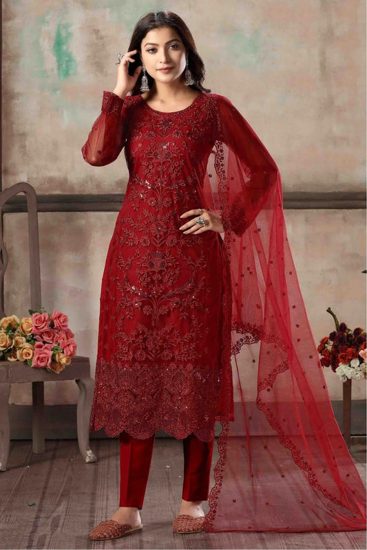 Maroon Colour Net Embroidery Pant Style Suit SM1050182