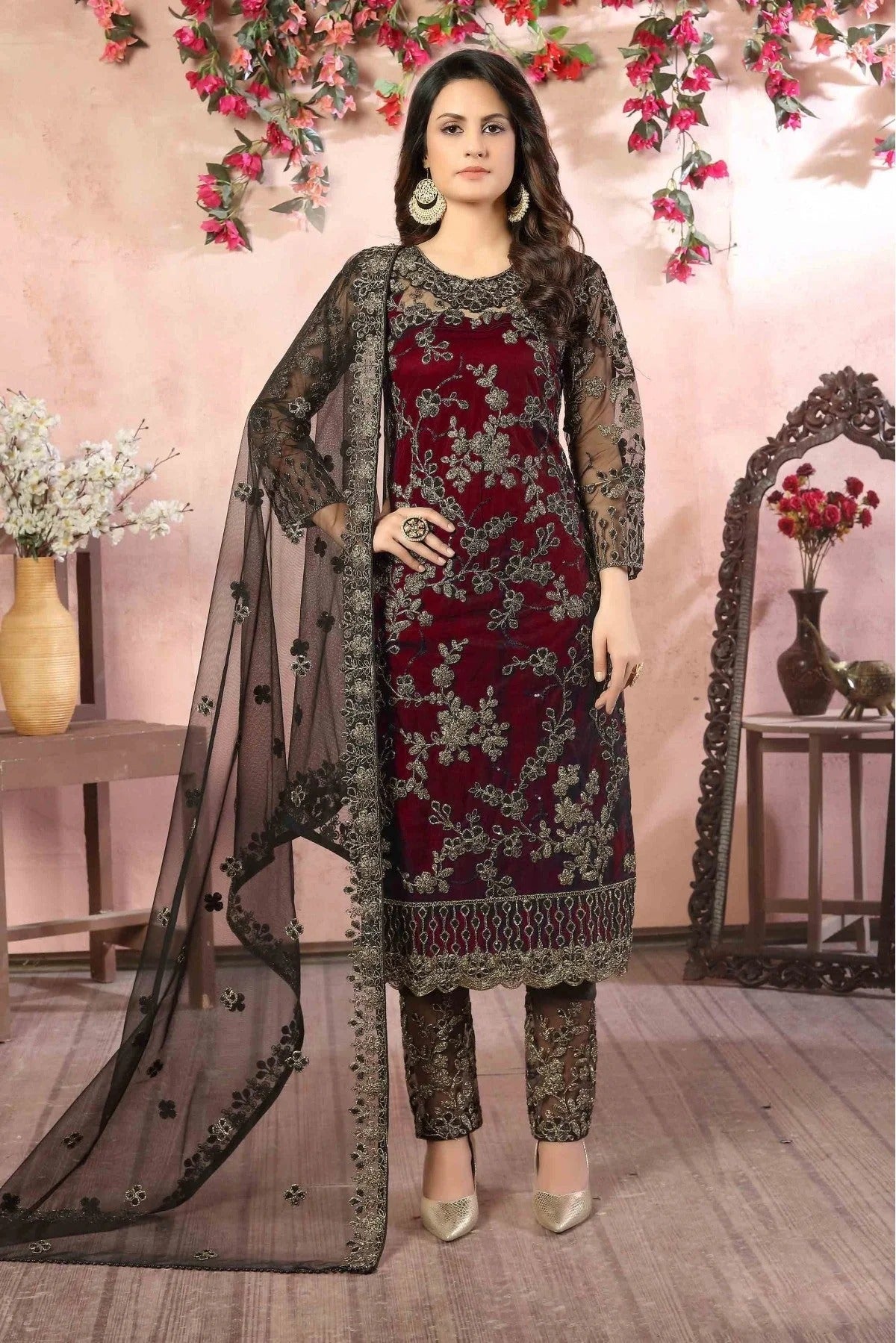 Maroon Colour Net Pant Style Suit SM1050050