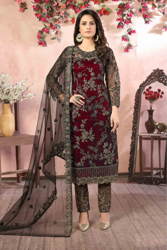 Maroon Colour Net Pant Style Suit SM1050050