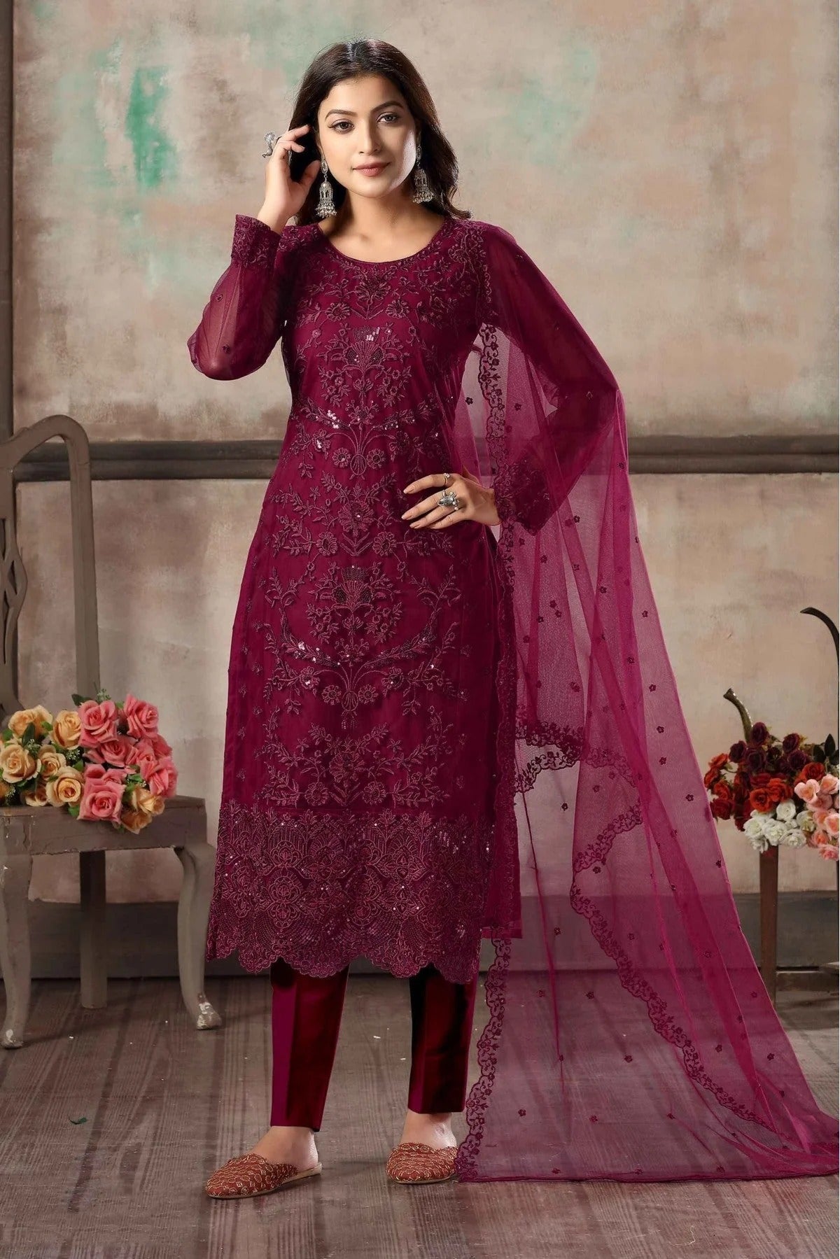 Maroon Colour Net Pant Style Suit SM1050080