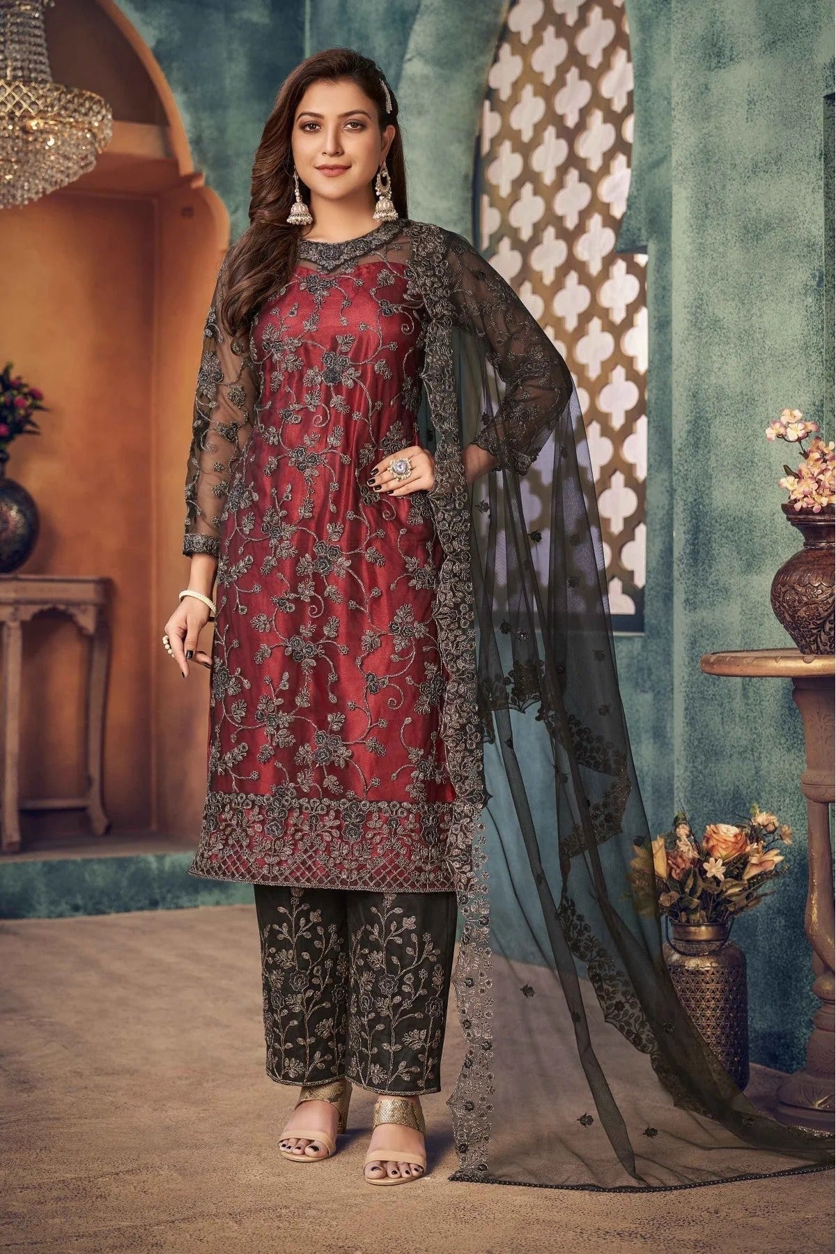 Maroon Colour Net Pant Style Suit SM1050145