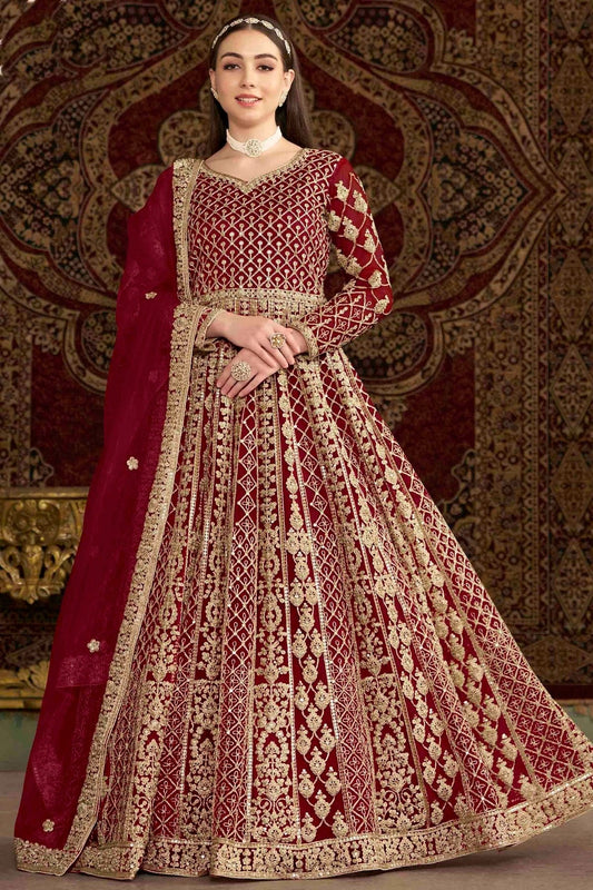 Maroon Colour Net Semi Stitched Anarkali Suit SM1050696