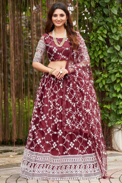 Maroon Colour Net Semi Stitched Lehenga Choli LC1170062