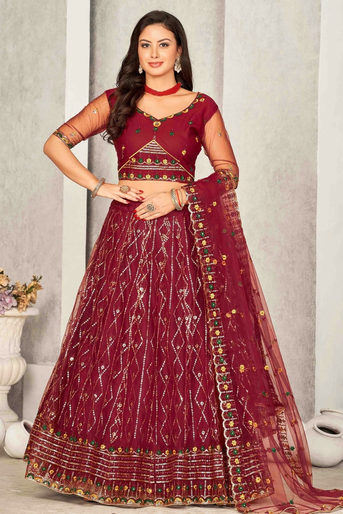 Maroon Colour Net Semi Stitched Lehenga Choli LC1170064 A