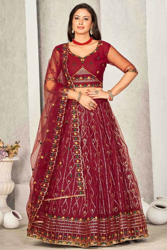 Maroon Colour Net Semi Stitched Lehenga Choli LC1170064