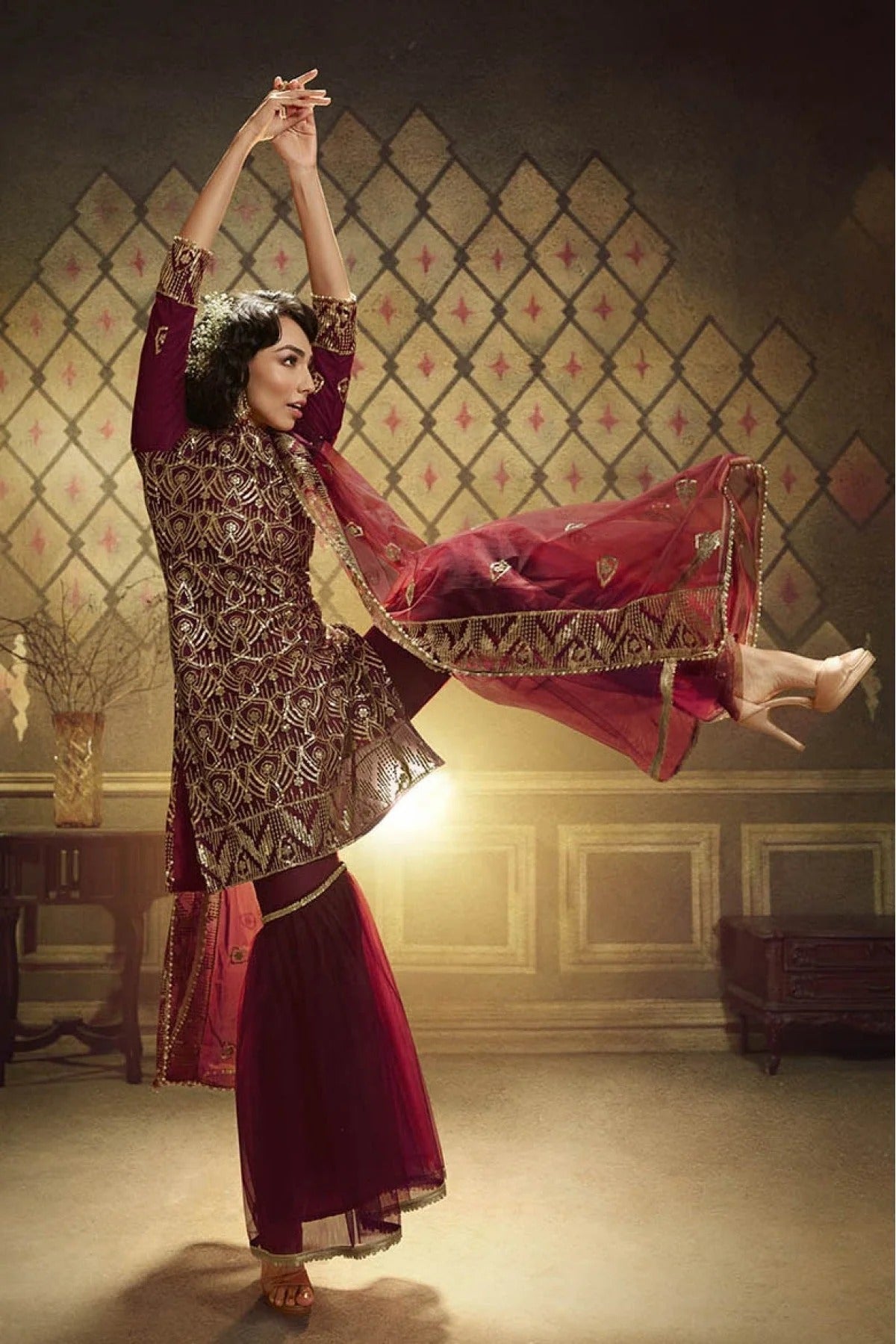 Maroon Colour Net Sequins Work Sharara Suit SM1080645 A