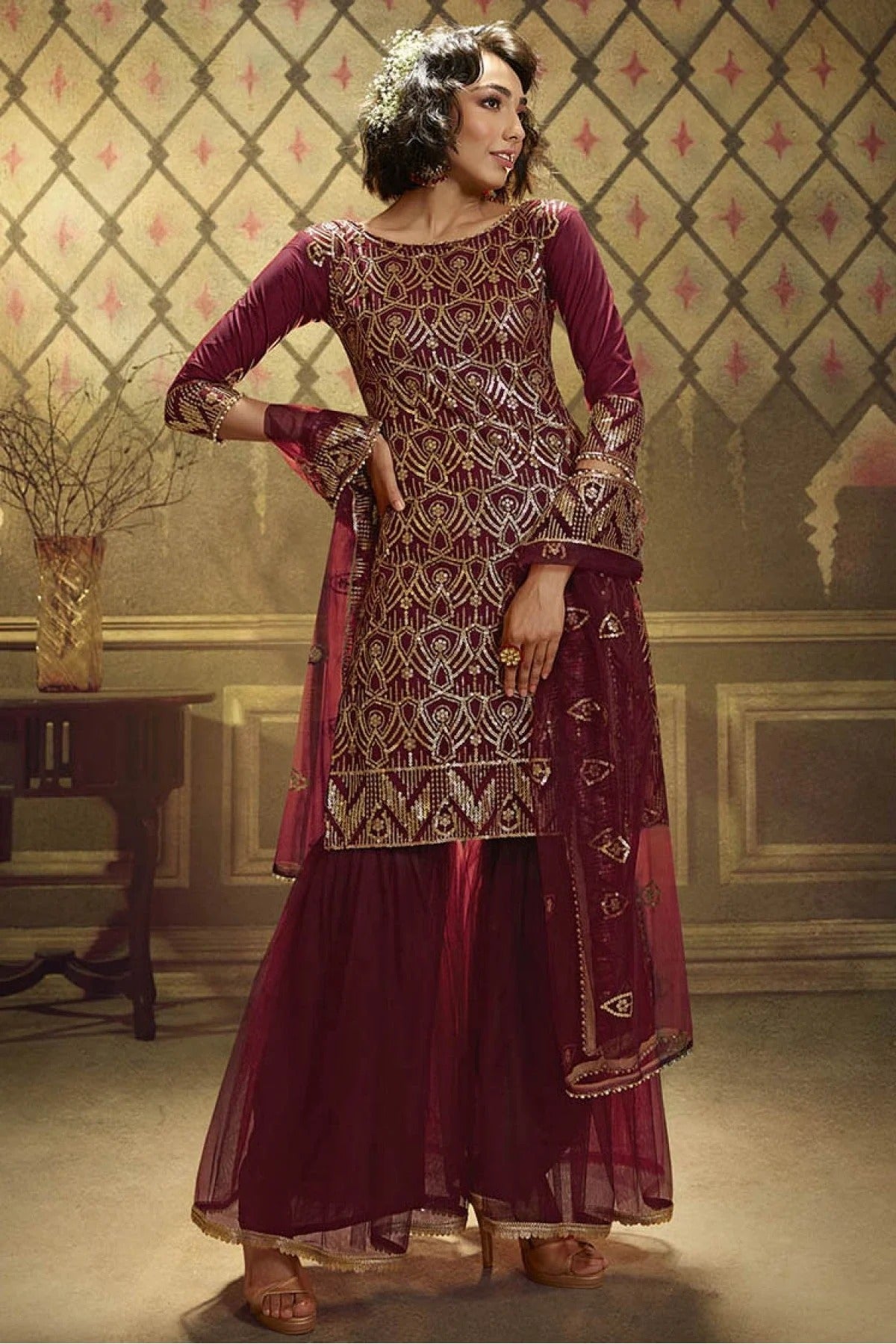 Maroon Colour Net Sequins Work Sharara Suit SM1080645
