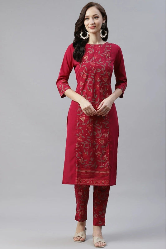 Maroon Colour Plus Size Crepe Foil Print Kurti With Pant Set KR1060086
