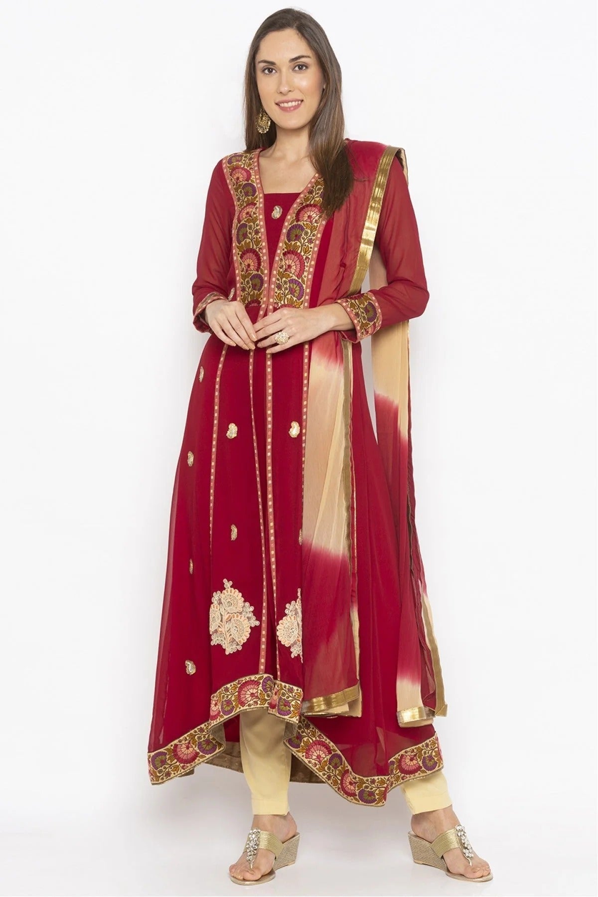 Maroon Colour Plus Size Georgette Embroidery Pant Style Suit BW1070309