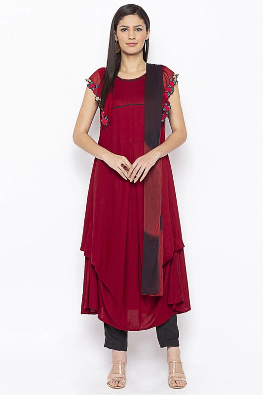 Maroon Colour Plus Size Stitched Cotton Embroidery Pant Style Suit BW1070295