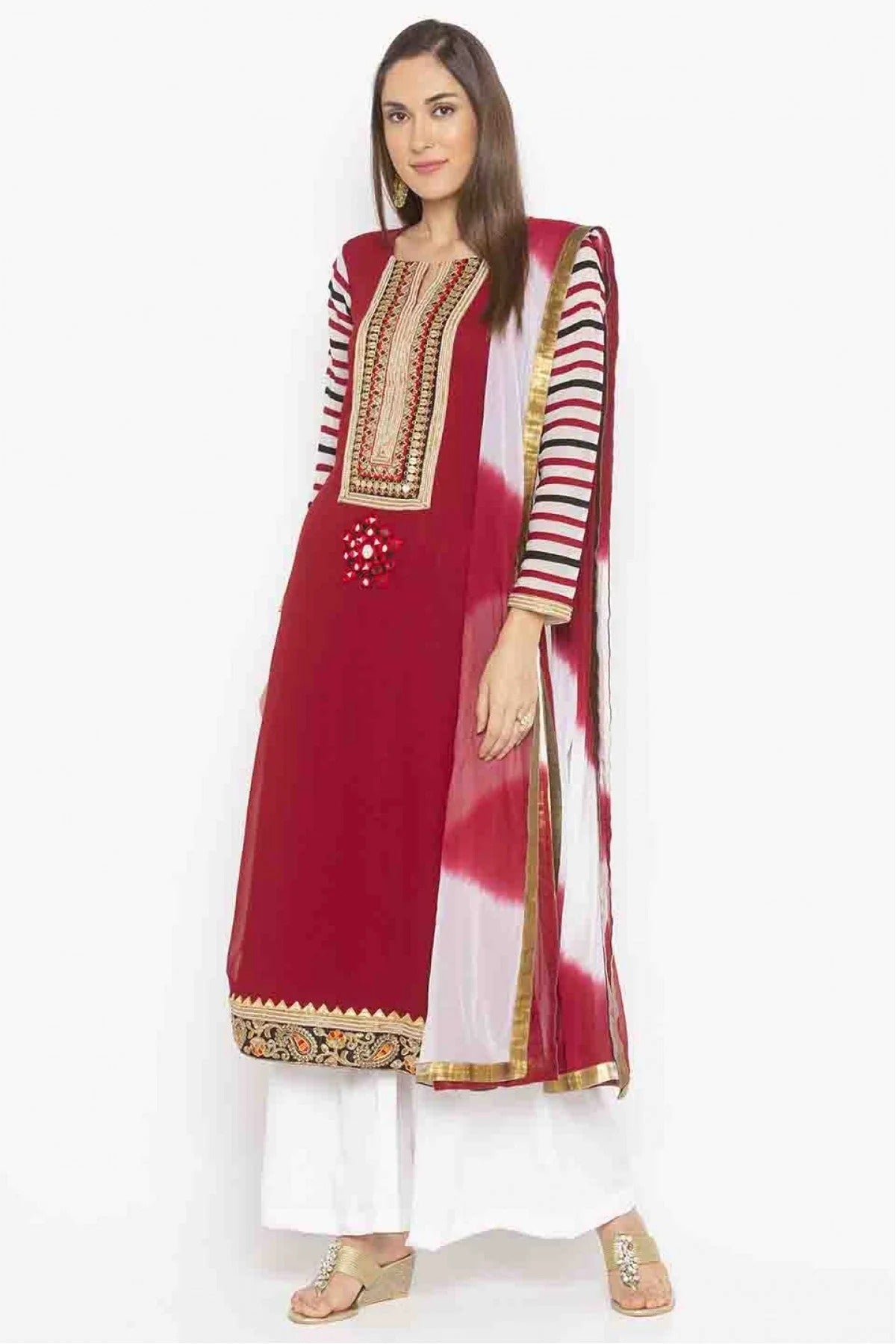 Maroon Colour Plus Size Stitched Georgette Embroidery Palazzo Pant Suit BW1070202