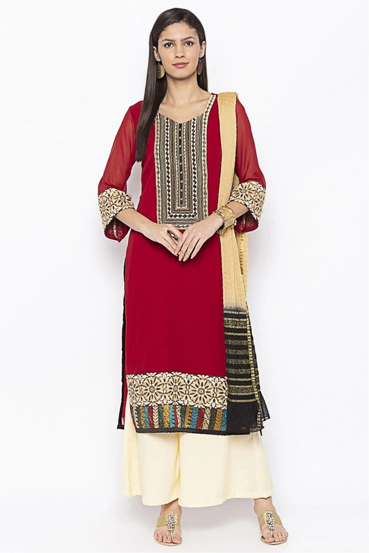 Maroon Colour Plus Size Stitched Georgette Embroidery Palazzo Pant Suit BW1070243