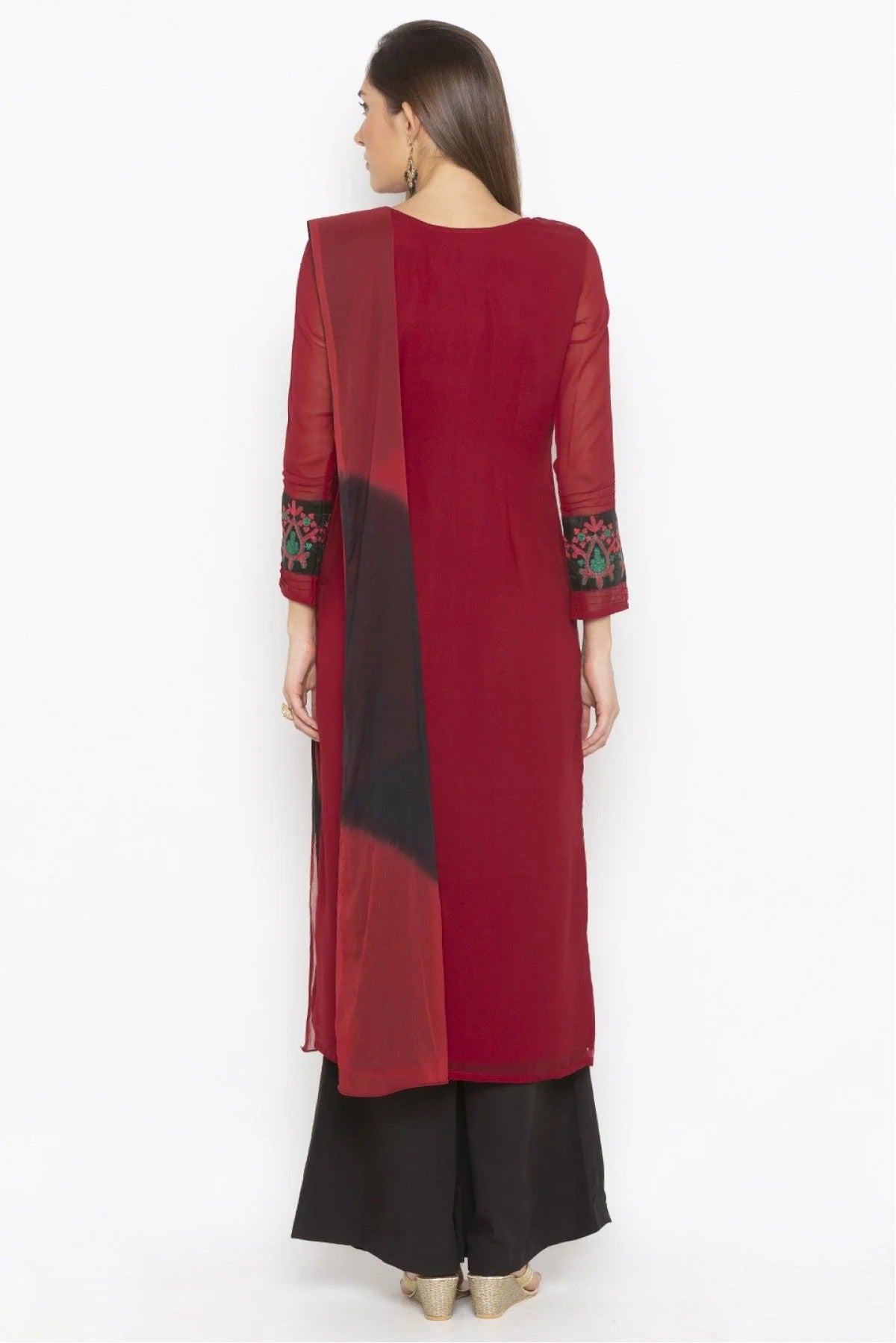 Maroon Colour Plus Size Stitched Georgette Embroidery Palazzo Pant Suit BW1070292 A