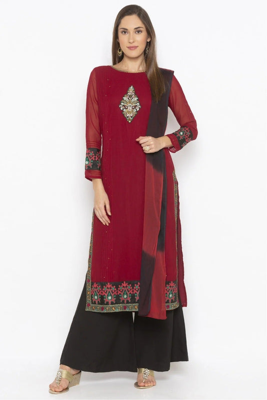 Maroon Colour Plus Size Stitched Georgette Embroidery Palazzo Pant Suit BW1070292