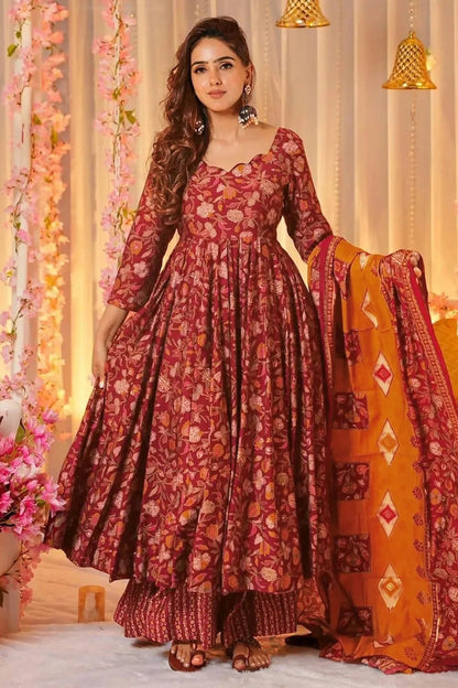 Maroon Colour Printed Muslin Stitched Suit SS1112458
