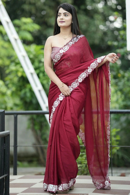 Maroon Colour Satin Chiffon Designer Saree SD1110973